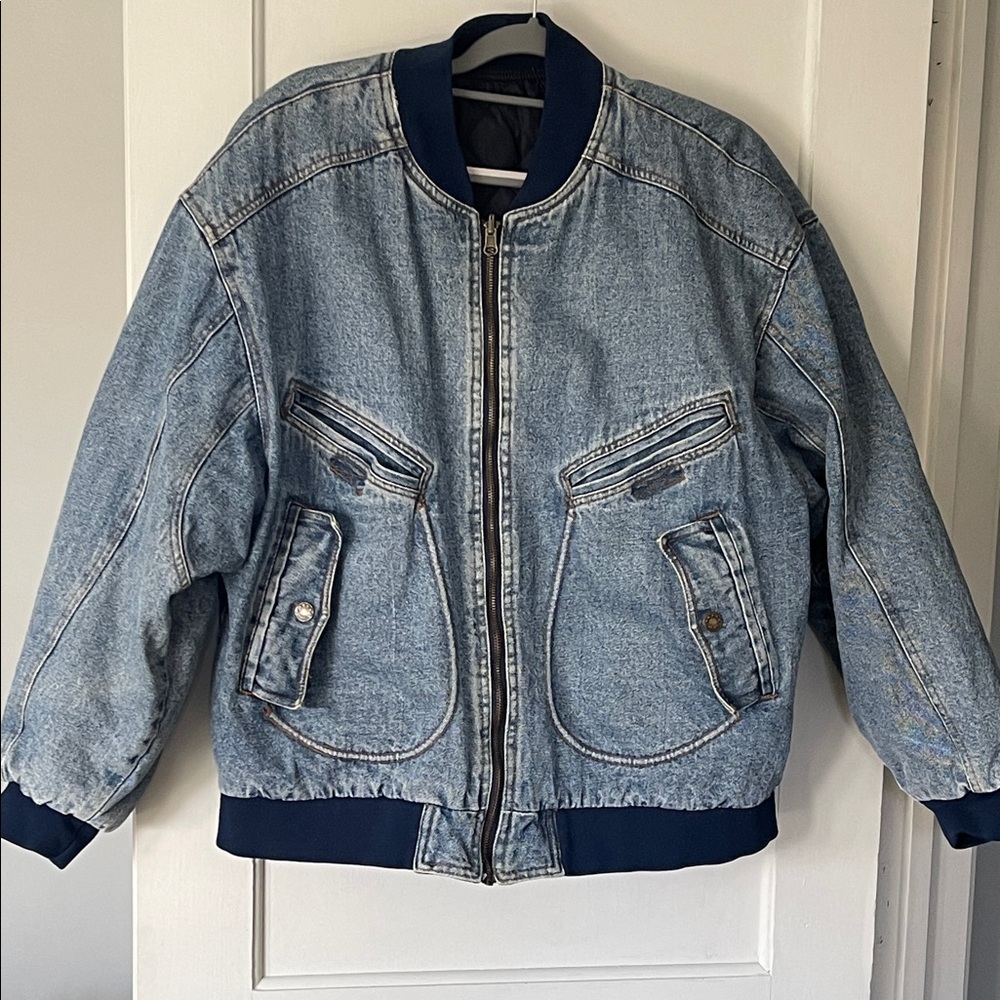 Vintage 70- 80’s acid washed,Denim Bomber Jacket. Reversible. 4 pocket. XL. EUC